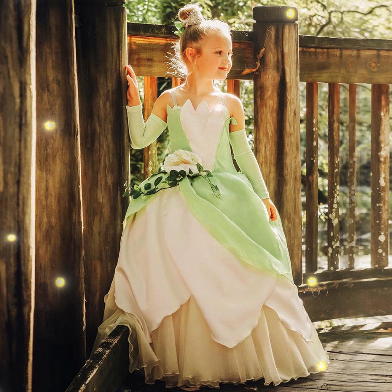 Frog Princess -kostume til børnepiger Tiana Movie Cosplay Carnival Dress Up Princess Rollespil kjoler