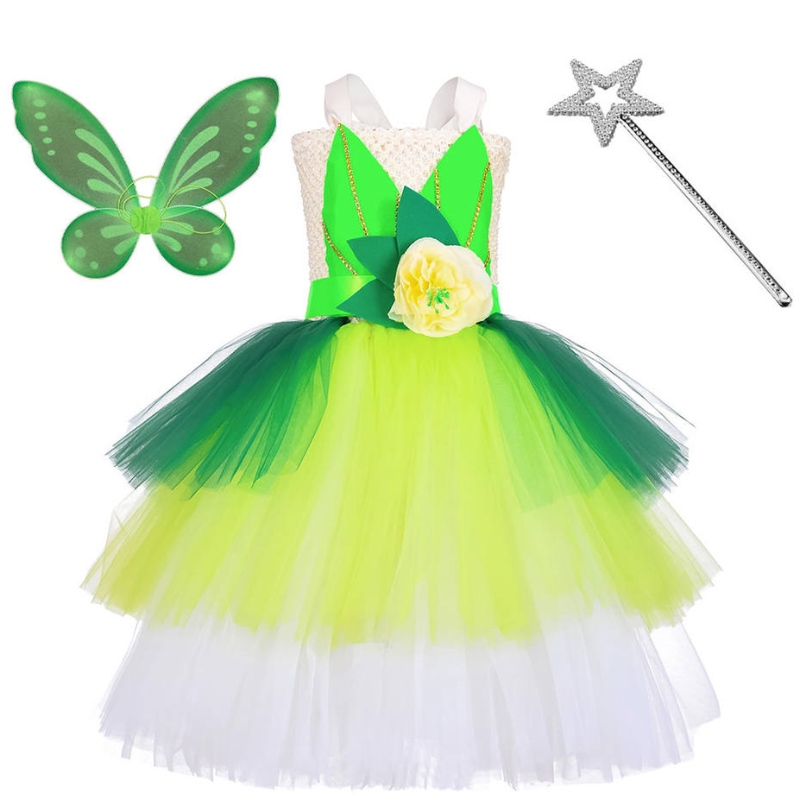 Halloween Cosplay Princess Baby Girls Party Green Flower Fairy Tinker Bell Dress Elf Costume With Butterfly Wings Sets