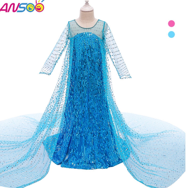 Ansoo Top Selling Cloths Fancy Princess Dress Up Sequined Long Tail 2022 Elsa Anna Kjole til piger