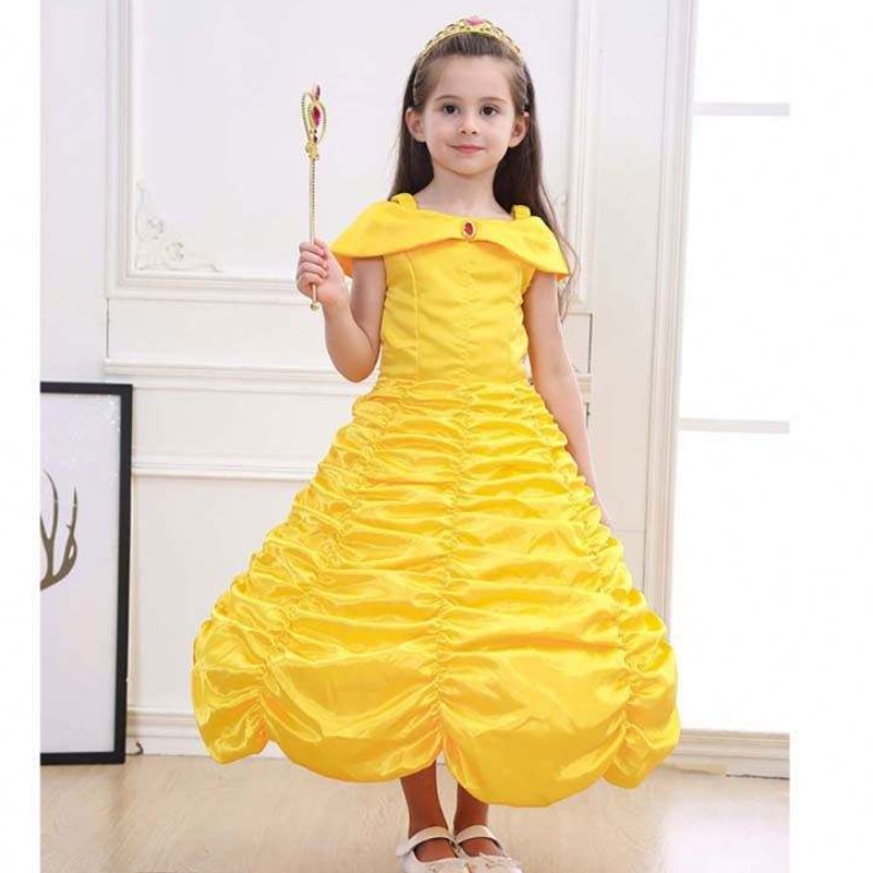 Halloween børn tøj lagdelt off skulder gul prinsesse belle kostume små piger halloween kjole hcbl-001