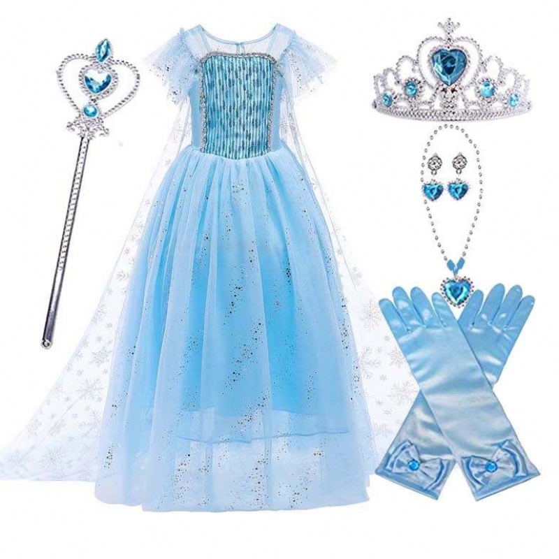 Top kvalitet Lille piger Halloween Party Blue Elsa Princess Dress HCGD-018