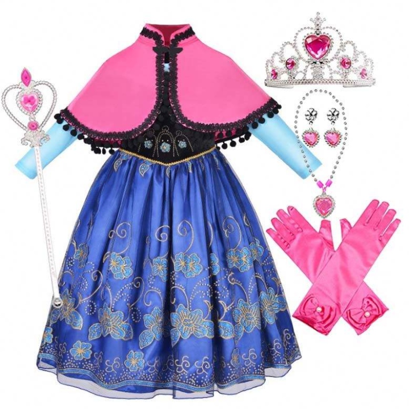 På lager barn cosplay tøj fantastisk prinsesse Anna kostume med tilbehør med kappe HCGD-014