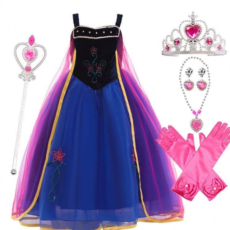 Girl Cosplay Snow Queen Princess Costume Anna Dress Costume With Crown Wand Handsketilbehør HCGD-010