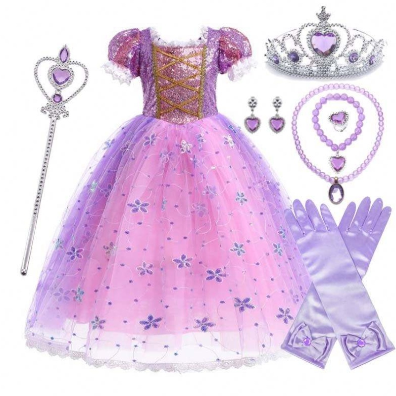 Piger prinsesse kostume rapunzel puff muffe paljetter cosplay kjole lilla med tilbehør hcrs-007