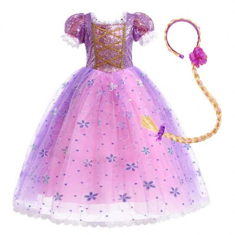 Piger prinsesse kostume rapunzel puff muffe paljetter cosplay kjole lilla med tilbehør hcrs-007