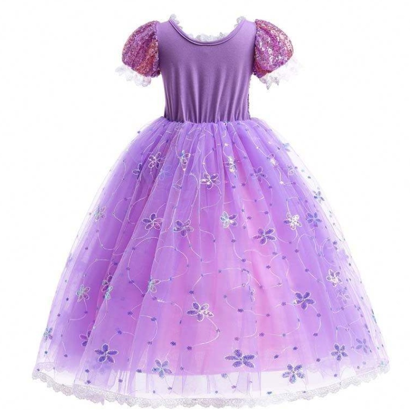 Piger prinsesse kostume rapunzel puff muffe paljetter cosplay kjole lilla med tilbehør hcrs-007