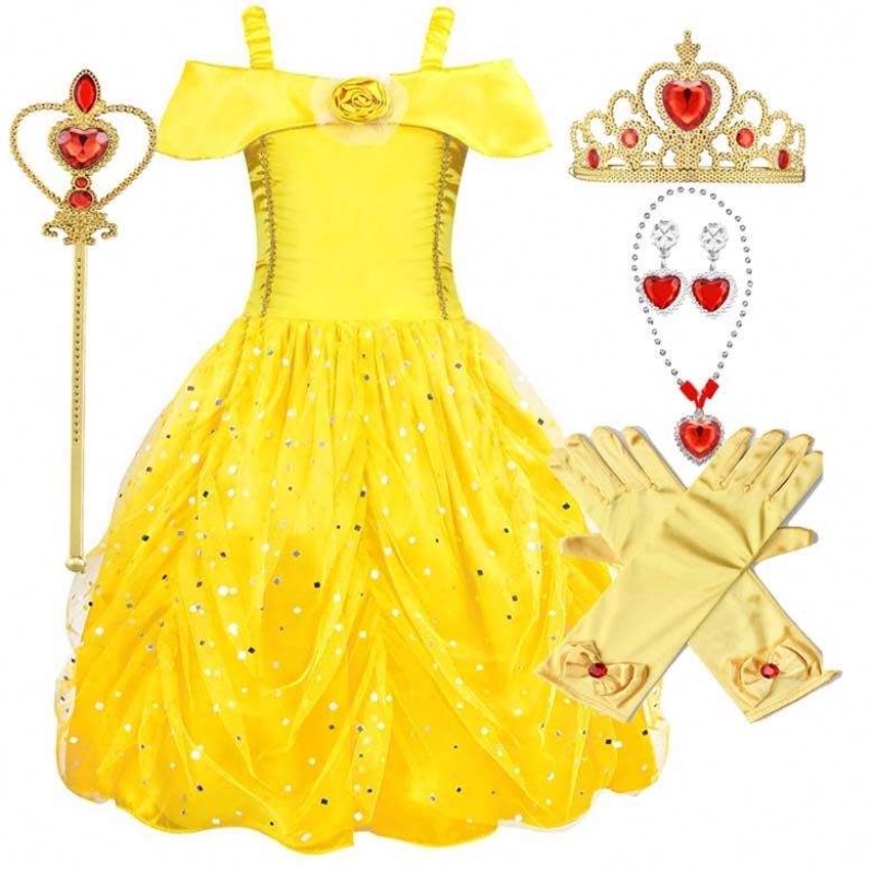 Fancy Halloween Xmas Birthday Party Carnival Yellow Ballgown Princess Dress Up Little Girl Belle Kjoler HCBL-007