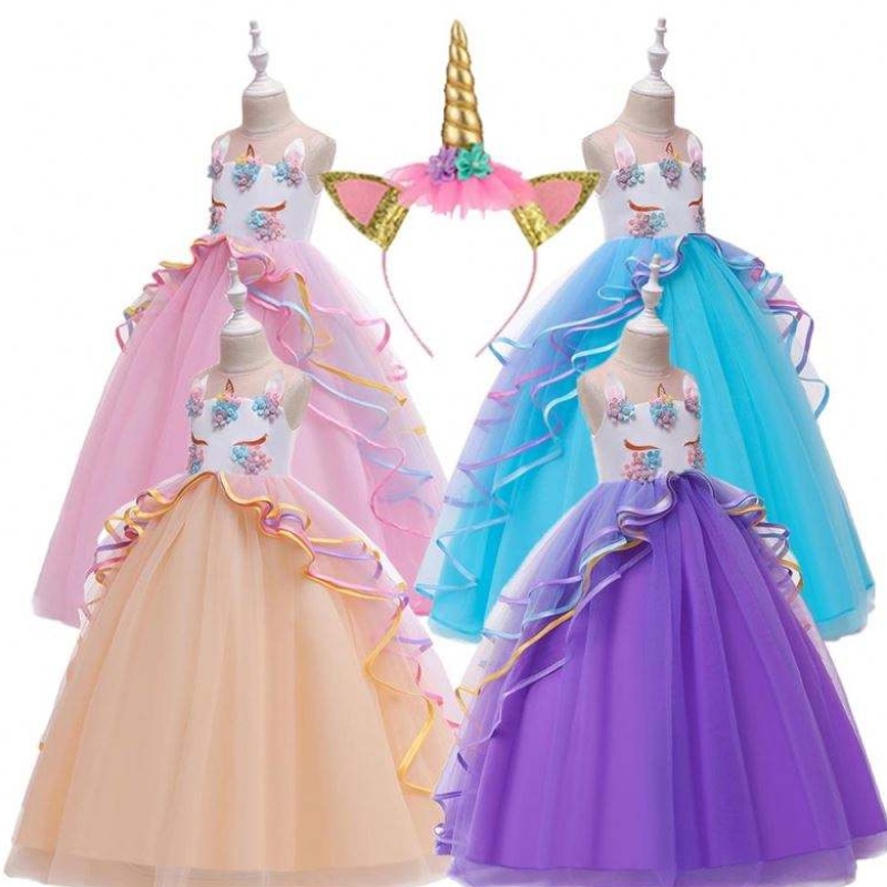 Baige 3-15 år pige Unicorn Party kjoler flæser børnetøj kostume fødselsdagsfest kjole