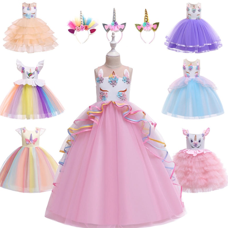 Varmt salg smukke prinsesse børn tøj bære fødselsdagsfest enhjørning horn sequin tutu pige kjole til små piger