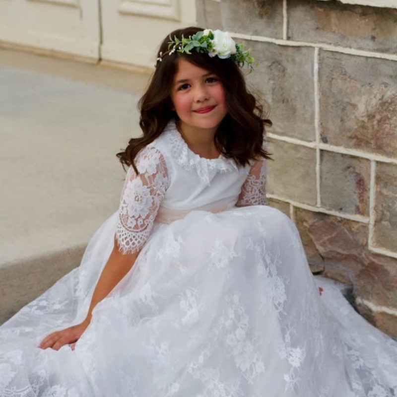 Lange hvide kjoler til børn piger prinsesse elegante bryllup gæstebørn brudepige blonder kjole fest aften kjole 3 6 14 år