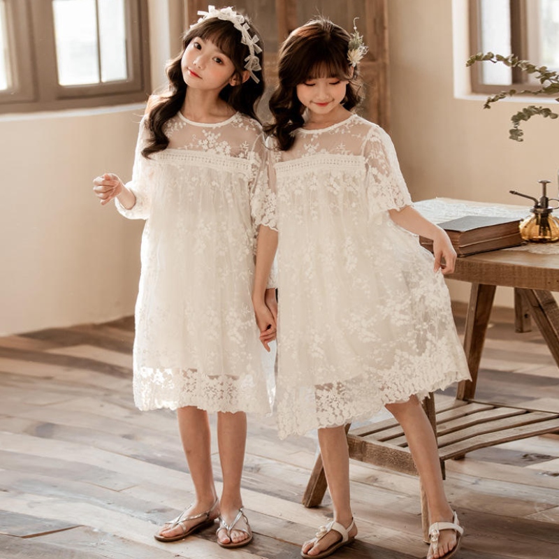 Ny sommerbomuldsnet garn blonder piger kjoler børnnederdel børn tøj 3-14 år gammel hvid prinsesse kjole