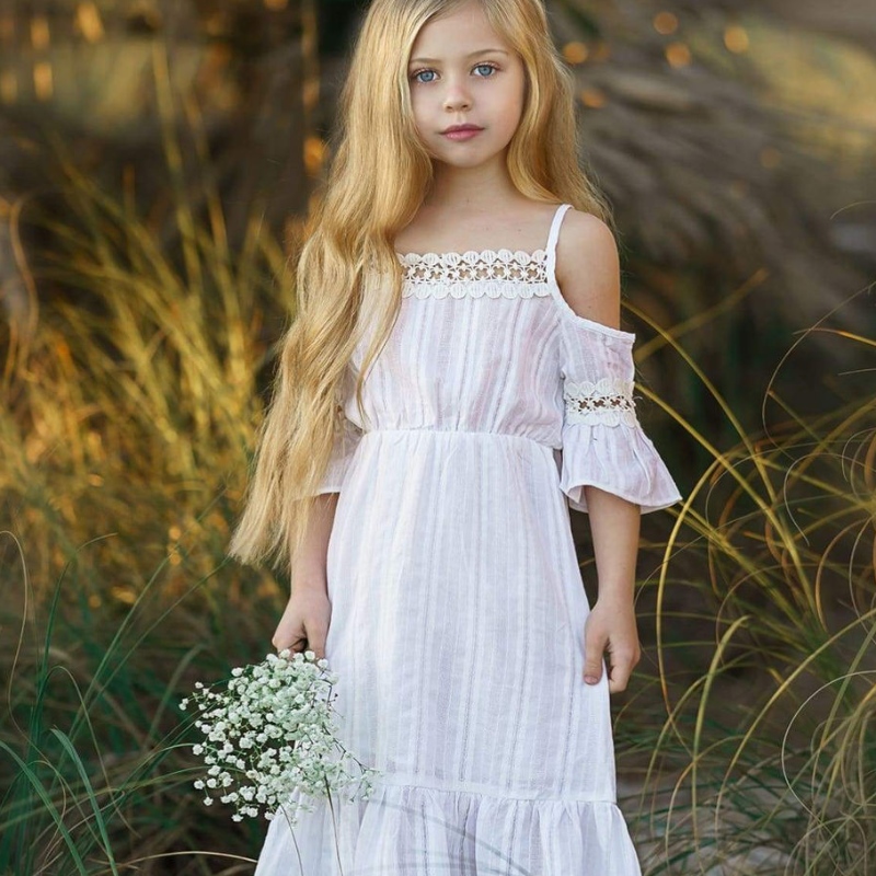 Børn sommer off-skulder piger kjole hvid lyserød fluffle strand kjoler børn prinsesse brudepige bryllupscareant til blomster gir