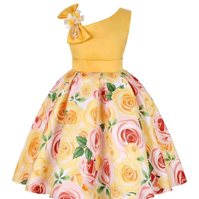 Sommerpiger Rose Print Dress Princess Wedding Birthday Party Frocks Satin Børn Vestidos Kjoler til pige Julebeklædning