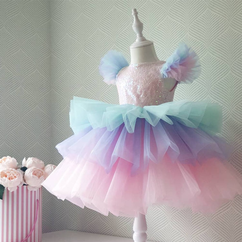 Piger formelle prinsesse kjole børn blonder tyl regnbue elegant aften fest kage tutu prom kjole børn bryllup communion Kostume
