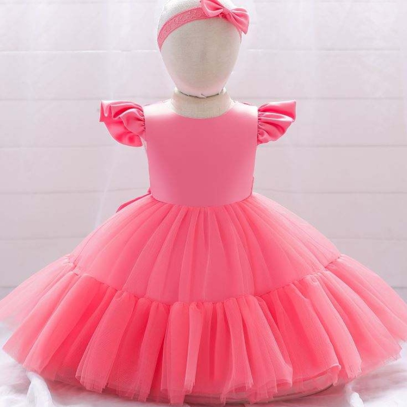Baige mesh satin prinsesse piger fødselsdag kjoler dejlige pige fest baby piger kjole design til dåb med pandebånd