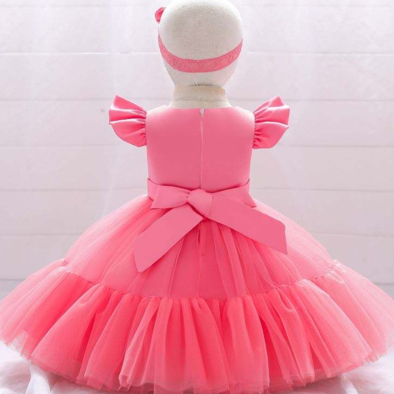 Baige mesh satin prinsesse piger fødselsdag kjoler dejlige pige fest baby piger kjole design til dåb med pandebånd