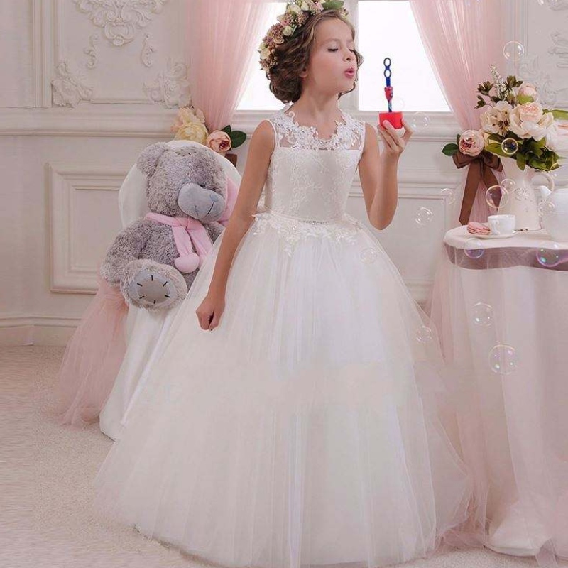 Baige White Wedding Elegant Girl Prom Dress Summer Kids Baby Gowns