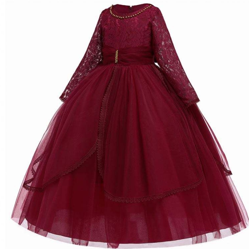 Baige langærmet prinsesse lag Maroon tyl blomsterpiger fødselsdagsfest kjoler blonder blomstring pige kjole