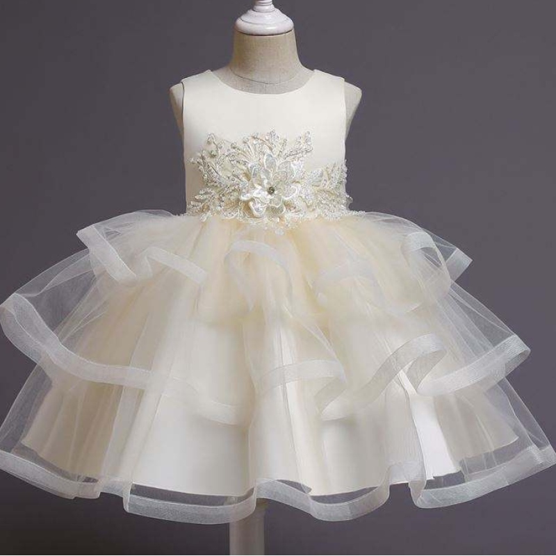 Baige Flower Girl Dress Kids Party Gown Baby Tutu Princess Dress With Bead Knee Længde Fødselsdagsbeklædning