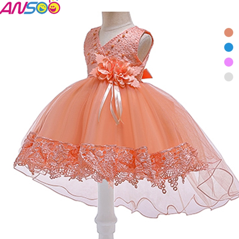 Ansoo Pretty Peach Children \\\\ \'s pige fødselsdag prinsesse blomster orange brudekjole til pige
