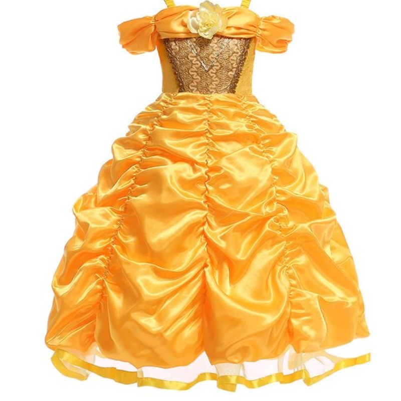 Belle kostume piger skønhed og udyrprinsessen klæder børn skulderfri lagdelt kjole til Halloween