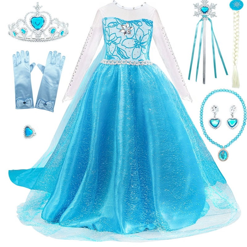 Piger Elsa Dress Up With Train Children Beading Longærmet Snow Print Halloween Carnival Party Princess Costume
