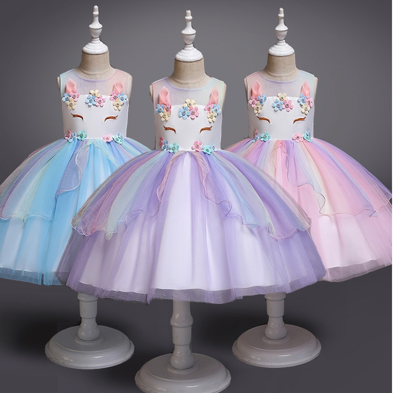 Unicorn Princess Costume Girls Pageant Evening Long Gowns Kids Sleeveless Embroidery Flower Birthday Party Tutu Kjoler