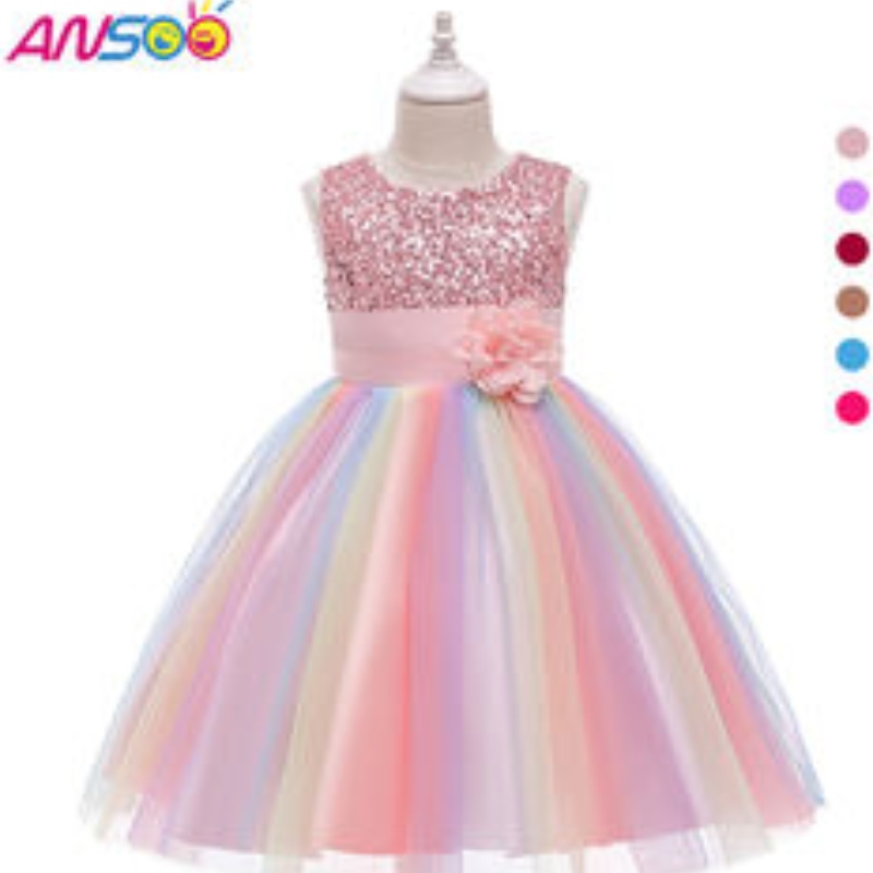 Ansoo Amazon Luksus ærmeløs Smukke prinsesse Kids Ball Gown Children \'s tøj Purple Flower Girl kjoler Ruffle Nederdel