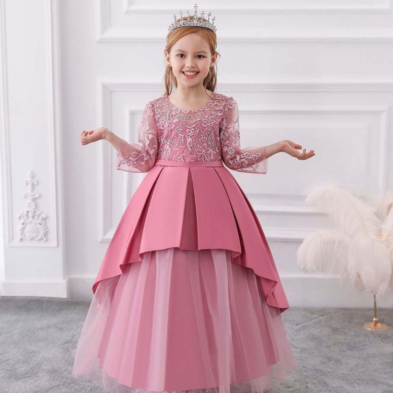 Baige arabiske blonder lange ærmer prinsesse kjole sommer blomster pige bryllupsfest kjole