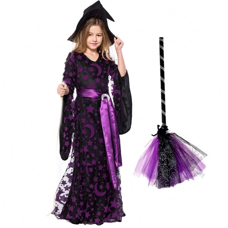 Piger halloween dress up lilla ond Witch fancy kjole med hat kvast hcvm-017