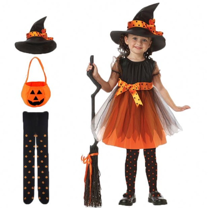Heks kjole tøj sæt hat græskar taske strømpebukser børn piger halloween cosplay heks kostume teenagere baby pige kjole spædbarn