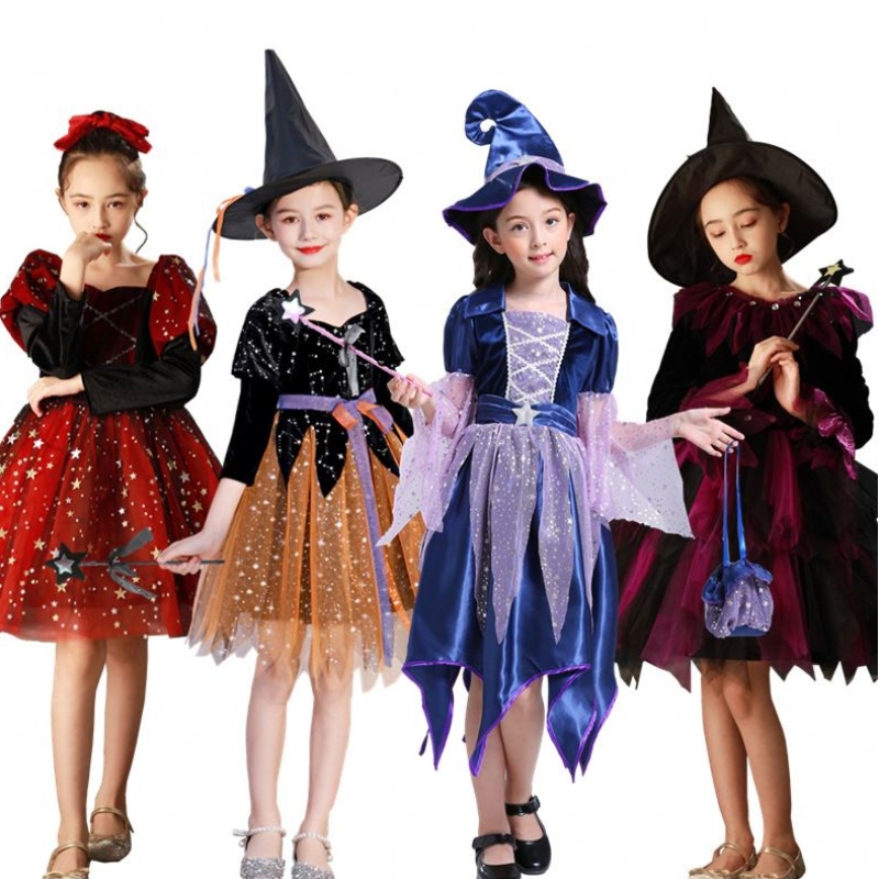 Ny heksekostume cosplay piger halloween kostume til børn jul børn prinsesse kjole vinter tøj med hat
