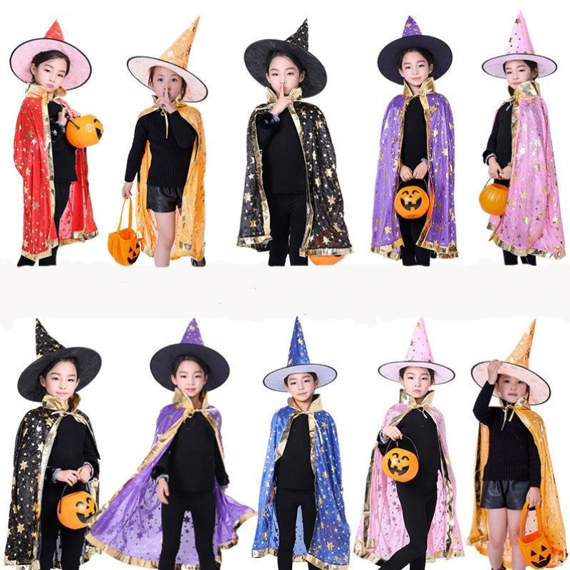 Børn Halloween kostumer Star Wizard Witch Cloak Cape Robe With Pointy Hat Cosplay Props fødselsdagsfest Mardi Gras tilbehør