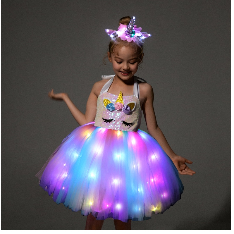 2022 Børn Girls søde enhjørning kostumer med LED Lys op kjole til Halloween fødselsdagsfest gave ærme frock børnetøj tøj