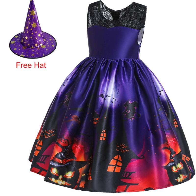 Børns flyvende ærme kjole halloween prinsesse kostume spøgelsesprint kjole med hat