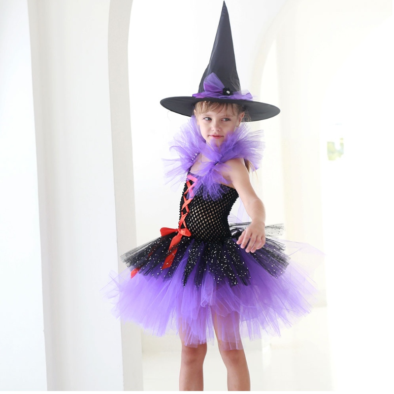 Amazon Hot Selling Tutu Witch Dress Costume til piger med Witchy Hat Halloween Carnival Party